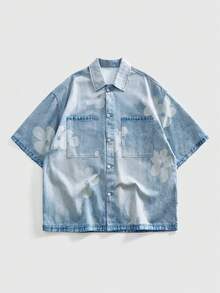 ROMWE MEN Atasan Denim Lengan Pendek Kasual Longgar Pria dengan Motif Vintage yang Dicuci - Biru - View 1
