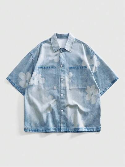 ROMWE MEN Washed Vintage Print Loose Casual Men's Denim Short Sleeve Top