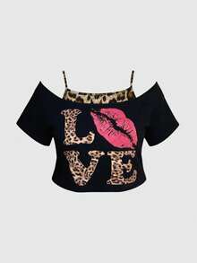 ROMWE Grunge Punk Spring/Summer Plus Size Y2K Leopard Lip Print Contrast Color Drop Shoulder T-Shirt For Women - Black - View 1