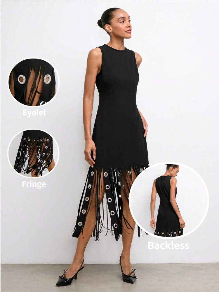 SHEIN Maija Women's Solid Color Tassel Hem Round Neck Fitted Sleeveless Dress