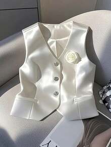 GlowEve Women's Elegant Commuter 3D Floral Front Button Sleeveless Blouse, Summer - Blue - View 6