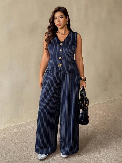 Auralis 大码女式条纹金属遮阳装饰背心和阔腿裤两件套