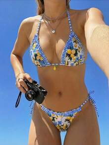 Swim Mod 女士泳衣两件套，性感度假沙滩优雅柠檬图案挂脖系带荷叶边三角泳裤蓝色柠檬吊坠沙滩装 - 彩色 - 查看 7