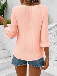 EMERY ROSE Solid Color Round Neck Casual Loose Autumn Blouse Travel Peach Pink - Pink - View 2