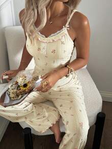 CottageSlumber Floral Lace Patchwork Backless Design Women Pajama Jumpsuit - Beige - View 6