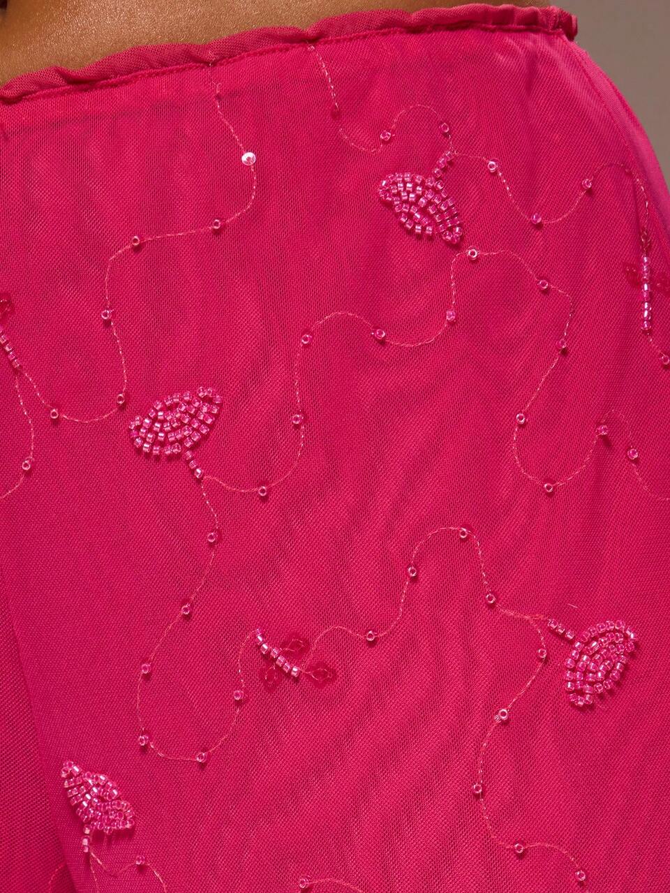 Sequin Embellished Ruched Strappy Mesh Top And Low Waist Loose Fit Pants Co-Ord Set Girly Spring Summer Vacation Night Out Beach Hot Pink Tropical