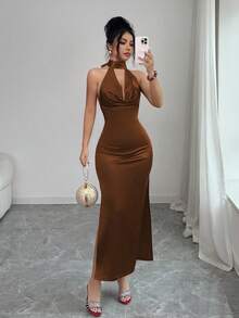 Elenzga 女士露背系带性感缎面立领连衣裙 - 棕色 - 查看 4
