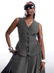 SHEIN EZwear Plus Size Summer Side Tie Strap Single-Breasted Vest - Grey - View 6
