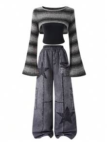 SHEIN 3 Stücke/Set für Teenager Mädchen: Farbverlauf gestreifter Fledermausärmel Cover-Up, einfarbiges Trägertop und Jeans mit Sternendruck und Destroyed-Effekt, Retro-Chic Straßen-Stil - Schwarz - Übersicht 8