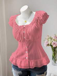 Sweetra Cute Casual Puff Sleeve Cinched Waist Button-Front Short Sleeve Summer Shirt - Pink - View 3