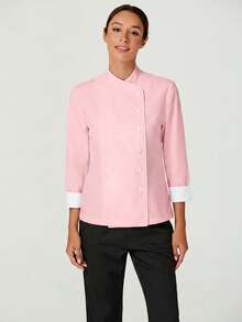 TaskEZ Women's Contrast Color Button-Up Collar Long Sleeve Work Uniform Chef Jacket In 3- 4th Sleeve For Women - Pink - View 5