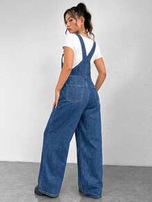 SHEIN EZwear 女士纯色方领无袖宽松口袋时尚牛仔连体裤，夏季 - 中等水洗藍 - 查看 3