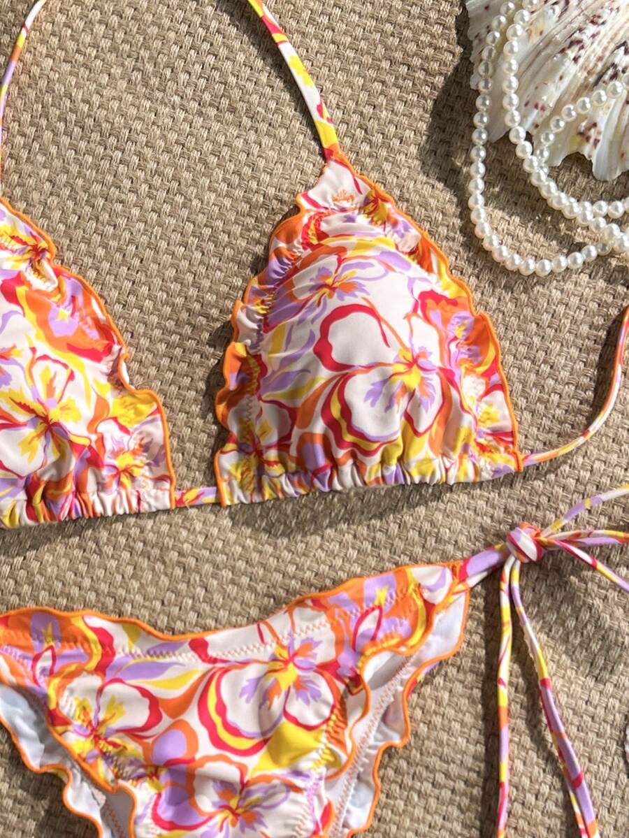 Swim Mod 两件式印花挂脖荷叶边比基尼套装,性感泳装,适合春夏海滩度假,印花比基尼两件套泳装,Zestiva泳装,度假邮轮旅行海滩日光浴休闲装,春夏精选热带泳装 - 彩色 - 查看 1