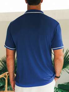 Manfinity CasualCool Áo sơ mi nam tay ngắn màu xanh dương, chất liệu gân nổi, viền tương phản, cài cúc phía trước. - Màu xanh lam - Xem 2