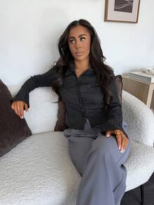 SAYEHFBABY 女士条纹纽扣长袖休闲衬衫 - 黑色 - 查看 5