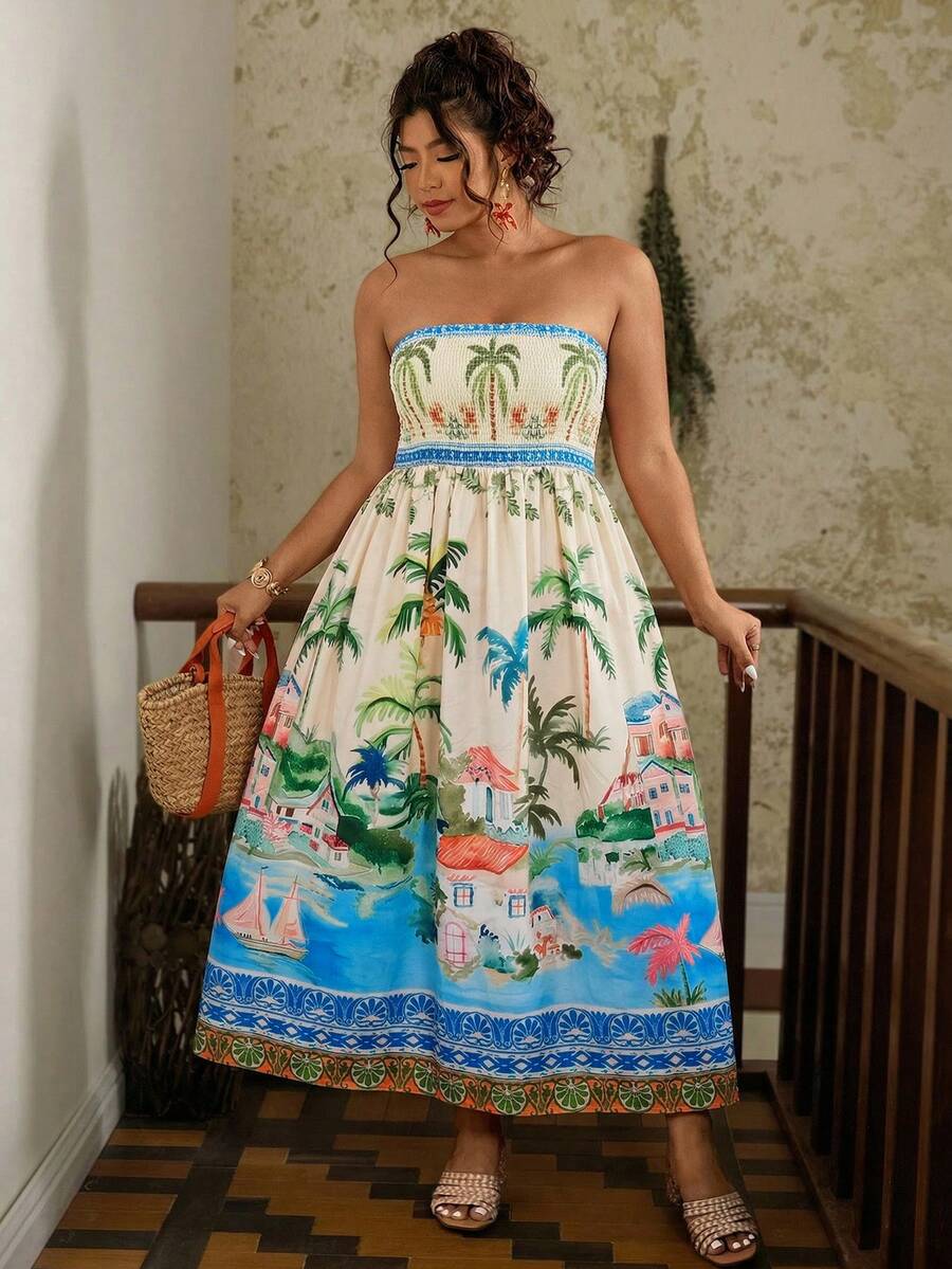 Travachic 加大码女式杏色花卉印花抽绳腰A字连衣裙，夏季度假印花抹胸连衣裙 - 彩色 - 查看 1