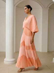 ZEYLAH WOMEN'S ROMANTIC ELEGANT BATWING SLEEVE PLEATED DRESS, SPRING/SUMMER - Pink - View 5