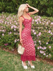 Sydney Algeri Vacation Solid Color Knit Lace Bodycon Dress For Women,  Burgundy Lace Dress, Christmas Party, Elegant New Year's Eve Outfits, Sexy See Through Dress Sexy Date Night Dress - Burgundy - View 4