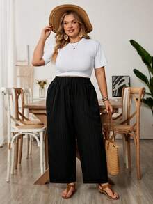 SHEIN CURVE+ 大码女式夏季宽松舒适休闲裤，七分裤，两件套，高腰阔腿裤，宽松舒适休闲裤 - 彩色 - 查看 10