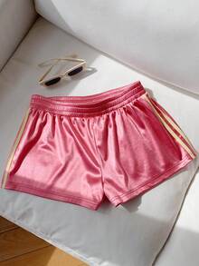 Comfortcana Women's Summer Casual Sports Striped Elastic Waist Shorts - Pink - View 4