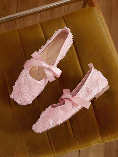 Bow-Tie Square Toe Women's Flat Shoes, Fashionable Hollow Breathable Lace Mesh Flat Shoes, Gentle And Elegant Mary Jane Ballet Shoes