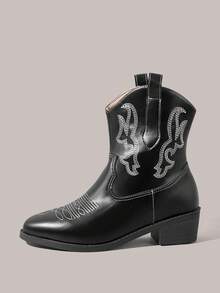 Styleloop Giày bốt nữ màu trắng kiểu miền Tây, bốt da mũi nhọn gót dày cổ chữ V, bốt cao đến đầu gối thêu họa tiết gót thấp và bốt cổ ngắn. - Màu đen - Xem 3
