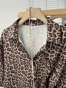 Franclia Women's Chic Leopard Print Blouses,Dark Brown Loose Fit Half Sleeve Shirts,Fall Winter Everyday Casual Simple Versatile Cheetah Pattern Blouses - Multicolor - View 3