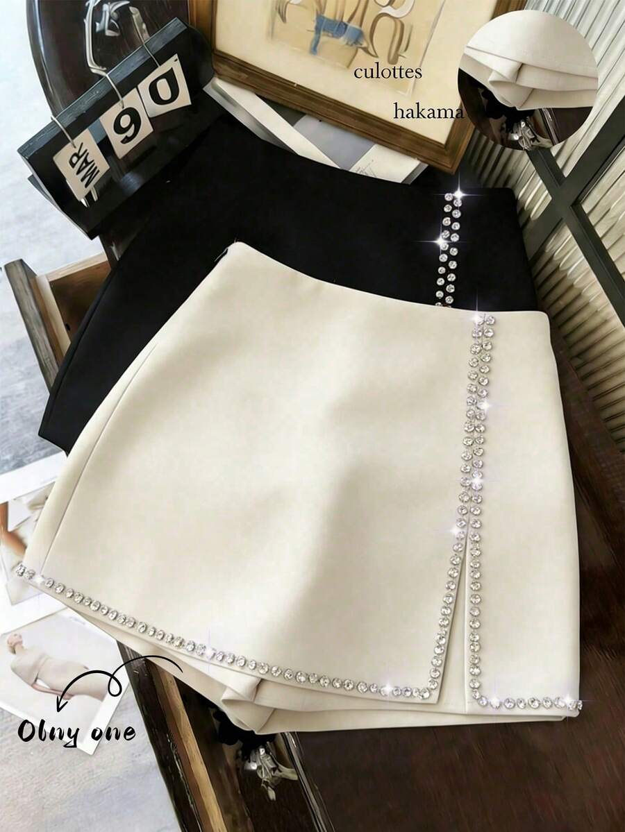 GlowEve 女士时尚水钻装饰百搭迷你短裙，适合约会穿着 - 杏色 - 查看 1