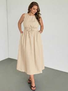 Auralis 亚麻无袖A字连衣裙，大码，优雅百搭，适合工作和通勤，松紧腰带配系带，喇叭下摆，休闲度假法式浪漫连衣裙，舒适的波西米亚风棕色连衣裙 - 杏色 - 查看 7