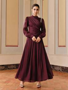 Anewsta Vestido elegante e brilhante com drapeados e mangas compridas, ideal para primavera/verão, festas, casamentos, Ano Novo e Dia dos Namorados. - Violeta vermelha - Ver 3
