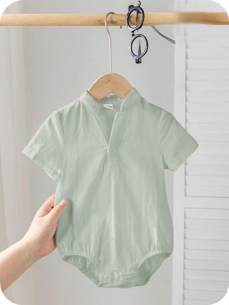 SHEIN 男女宝宝休闲日常穿着立领按扣连体衣,适合春夏室内/室外穿着 - 薄荷綠 - 查看 1