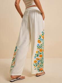 LOTSLUV Pantalones rectos con estampado floral tropical amarillo claro para mujer, primavera/verano - Amarillo claro - Ver 2