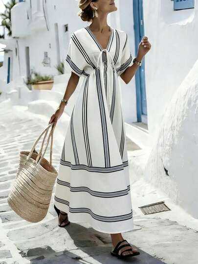 SHEIN Holidaya Women's Striped V Neck White Dress, Tie Front Batwing Sleeve Elastic Waist Flowy Long Dress, Boho Chic Lightweight Breathable, Summer Beach Vacation, Shopping, Coffee Dates, Weekend Outings, Holiday Travel, Resort Wear, Daily Casual Street Style Resort Wear Women Vacation Dress Causual Dresses For Women Summer Greece Vacation Outfits Women Maxi Dress For Women Beach