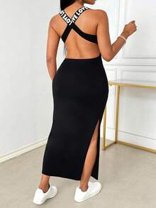 SHEIN LUNE 女士无袖露背高腰开衩字母印花连衣裙 - 黑色 - 查看 2