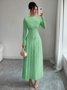 Modelyn Wine Red High Neck Waist Cinched Lace Dress For Women - Green - View 6