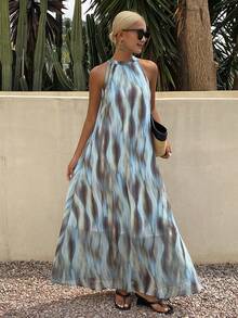 Livesso 女士夏季度假印花吊带中长连衣裙 - 藍色 - 查看 6