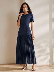 Anewsta 新款优雅圆领短袖连衣裙，褶裥下摆设计，藏蓝色，配有同色腰带 - 藏蓝色 - 查看 4