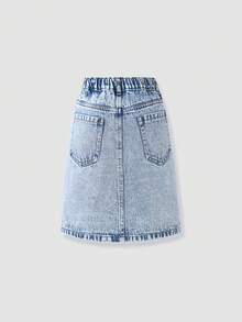SHEIN Tween女孩牛仔裙 春夏新款 甜美清新 淺藍色水洗牛仔 小花刺繡 A字裙 修身舒適 高級棉質牛仔 日常基礎校園穿搭 度假棉質春夏穿著 童裝牛仔裙 女孩裙 - 淺色水洗藍 - 查看 2