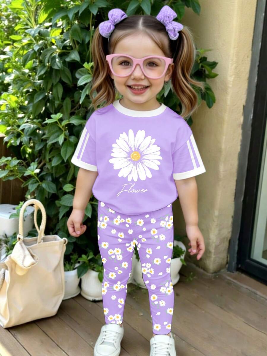 2件套女婴休闲时尚百搭春夏可爱甜美多巴胺紫色和白色雏菊图案宽松圆领短袖T恤和紫色打底裤套装 - 彩色 - 查看 1