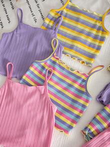 SHEIN 8pcs Young Girl Knitted Solid Striped Casual Camisole And Shorts Set - Multicolor - View 5