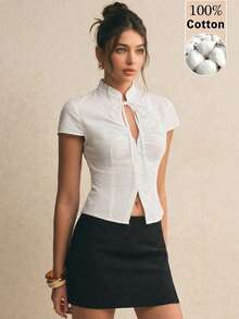 Poéselle 女士纯色褶皱领休闲百搭日常上衣 - 白色 - 查看 4