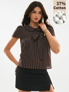 Poéselle 女士休闲条纹打结衬衫，适合夏季日常穿着 - 彩色 - 查看 5