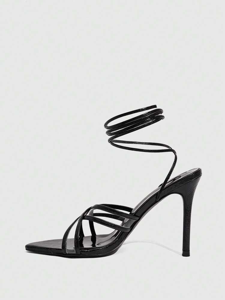 CUCCOO SZL Women Shoes Black Snake Stripe Strap Cross Strap Element Fashion Sexy Party Banquet Spring And Summer Catwalk Slim High Heel Women High Heel Pointed Sandals
