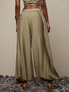 NYA SZN Calça Jogger Feminina de Perna Larga Assimétrica e Solta em Cor Sólida - Verde - Visão 6