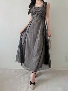 FRIFUL 女士夏季波点网纱拼接荷叶边腰部无袖连衣裙 - 黑色 - 查看 5