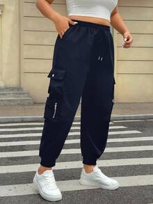 Muchica Plus Size Women Cargo Pants With Flap Pockets & Drawstring, Minimalist Versatile Fall - Navy Blue - View 5