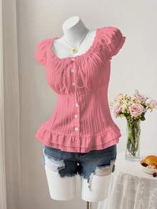 Sweetra Cute Casual Puff Sleeve Cinched Waist Button-Front Short Sleeve Summer Shirt - Pink - View 4