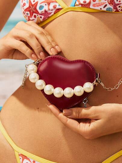 Swim Mod 1个迷你纯色亮面仿珍珠手提包，情人节礼物，单肩斜挎包，优雅仿珍珠包，情人节礼物，仿珍珠包