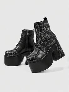 ROMWE Grunge Punk Giày sandal cao gót nữ ~ Thời trang mới 2026 Thu Đông phong cách Punk màu đen PU mũi tròn phong cách punk đế dày buộc dây phía trước kiểu hiệp sĩ phong cách Y2K Goth JK mạng nhện đường phố bốt ngắn bốt cưỡi ngựa - màu đen - Xem 5