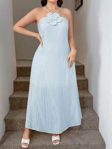 SHEIN LUNE Đầm không tay dáng rộng, màu trơn, họa tiết hoa 3D, kiểu dáng thường ngày. - Màu xanh nhạt - Xem 10